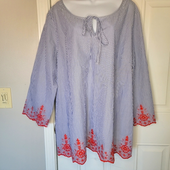 NWT Long Tall Sally Blue White Stripe Red Embroidered Blouse US 18 UK 22 - Picture 1 of 9